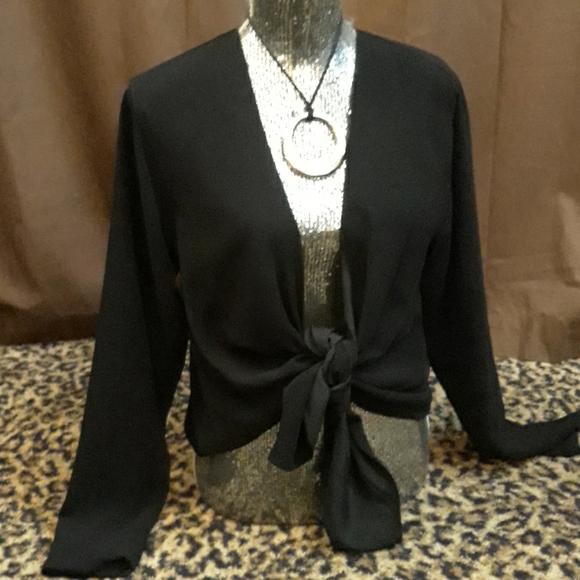Kardashian Kollection Commodore Black Tie Open Front Cardigan Retro Shirt Jacket - Picture 2 of 5
